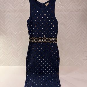 Michael Kors Navy and Gold Midi Dress